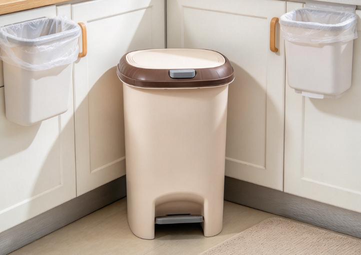 Beige plastic trash bin with brown lid and gray pedal in bright kitchen corner with cabinets garbage bags and cleaning spray, clean home scene.
