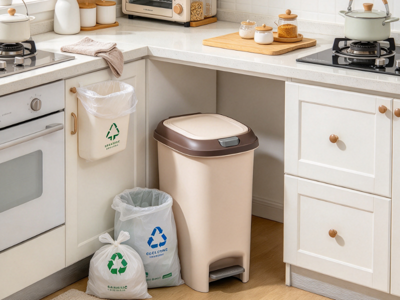 Beige plastic trash bin with brown lid and pedal beside kitchen cabinet, garbage bags cleaning cloth recycling bags and light wall, clean household product scene.